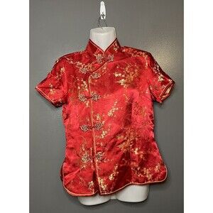 Plum Blossom Silk Chinese Top Womens Medium Brocade Cheongsam Shirt Floral Blous